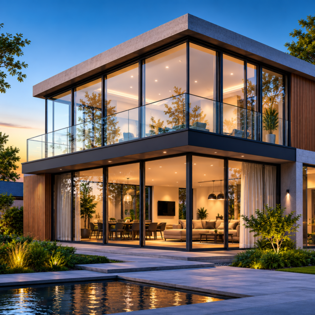 Moderne nieuwbouwwoning met grote glazen gevels, energiezuinige isolerende beglazing en veel natuurlijke lichtinval als voorbeeld van duurzame glasoplossingen voor nieuwbouwprojecten.