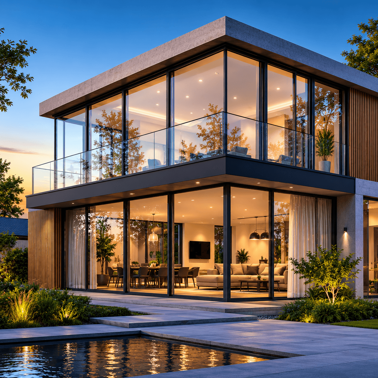4c2e70c2-e8dc-458d-881d-0b0260f29076 Moderne nieuwbouwwoning met grote glazen gevels, energiezuinige isolerende beglazing en veel natuurlijke lichtinval als voorbeeld van duurzame glasoplossingen voor nieuwbouwprojecten.