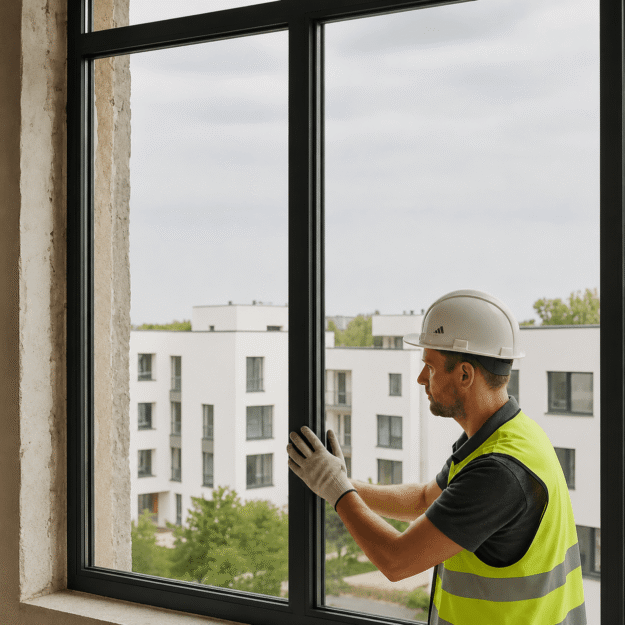 Een glaszetter met een witte helm en veiligheidsvest die nauwkeurig glas op maat plaatst in een zwart kozijn tijdens een renovatieproject