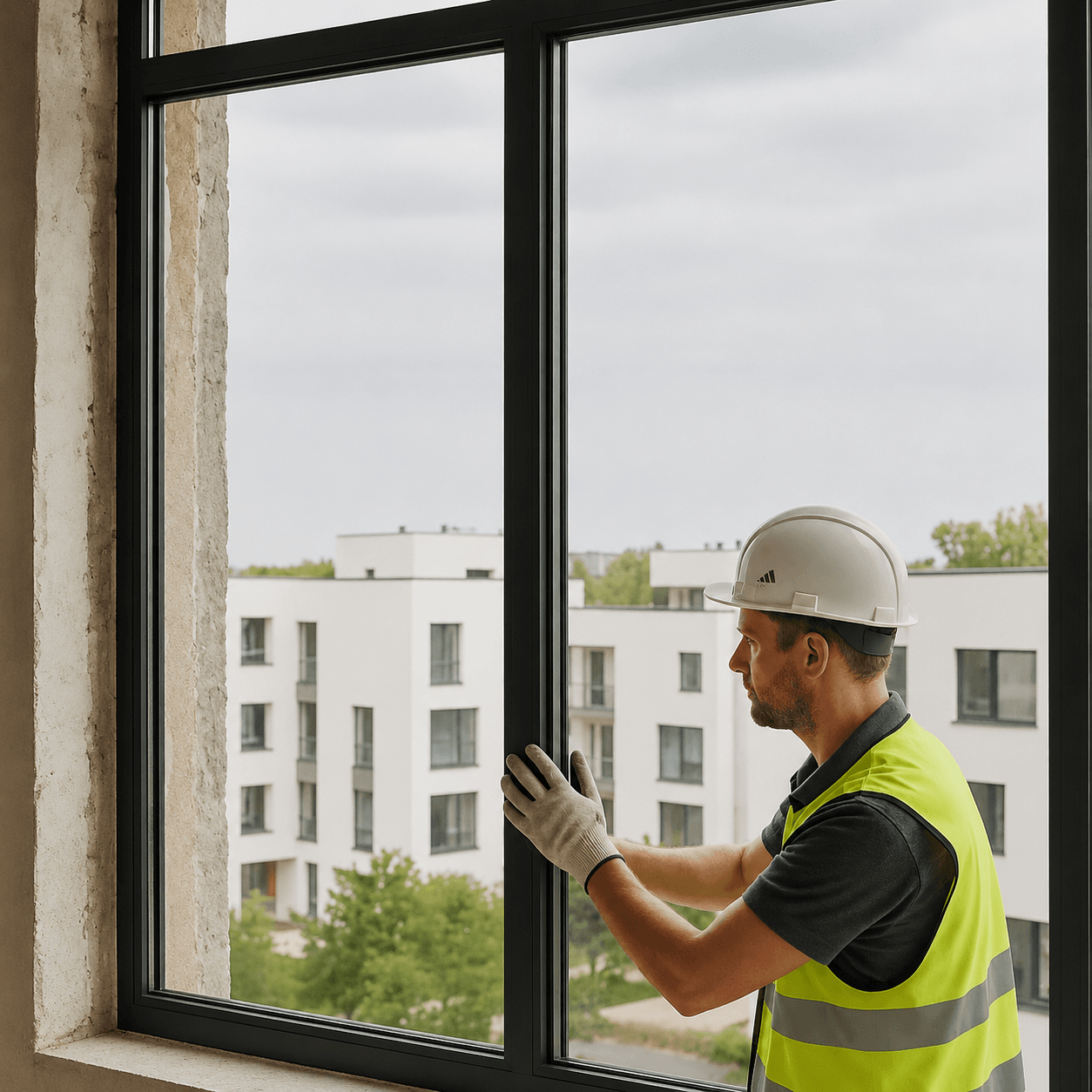 glas-op-maat-voor-renovatieprojecten-tips-en-mogelijkheden Een glaszetter met een witte helm en veiligheidsvest die nauwkeurig glas op maat plaatst in een zwart kozijn tijdens een renovatieproject
